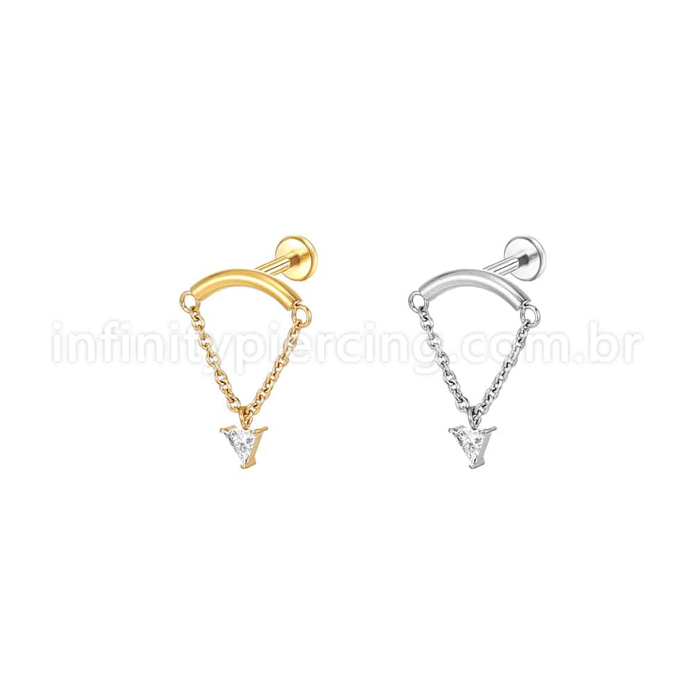 Piercing Labret Aço Cirúrgico Curvo Com Corrente/Zircônia